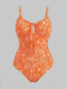 Sweetra CURVE Burnt Orange Summer Boho Beach Wedding Holiday Elegant Printed One-Piece Swimsuit,Adjustable Straps,Cute Bow Accent, Hollow-Out Back,2026 New Vacation - Multicolor - View 1