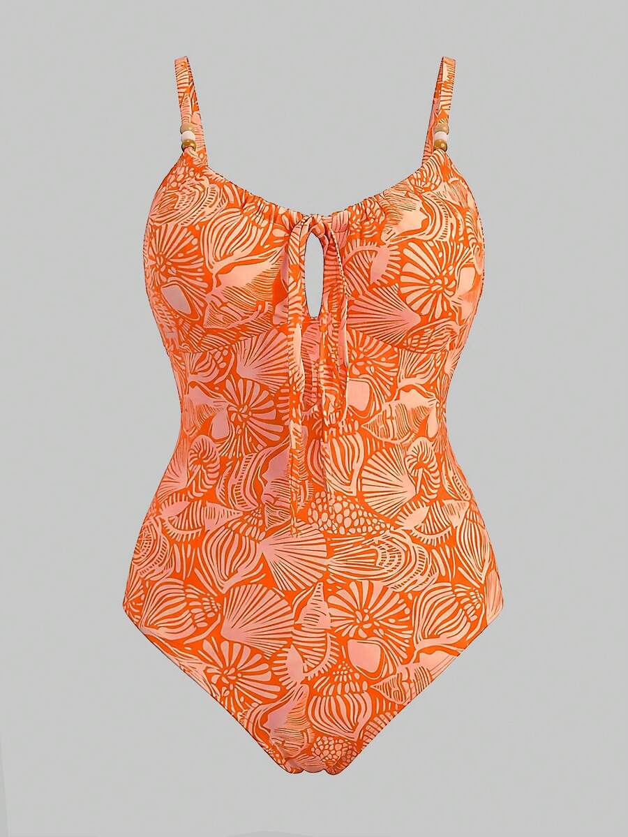 Sweetra CURVE Burnt Orange Summer Boho Beach Wedding Holiday Elegant Printed One-Piece Swimsuit,Adjustable Straps,Cute Bow Accent, Hollow-Out Back,2026 New Vacation - Multicolor - View 1