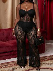 Slaydiva Sexy Elegant Spaghetti Strap Cup Flare Leg Black Lace Sheer Plus Size Jumpsuit Date Night Rave Summer - Black - View 4