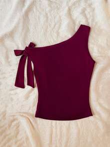 SHEIN Teen Girls' Fashion Casual Asymmetric Neck Metal Decor Lace-Up Camisole - Red - View 3