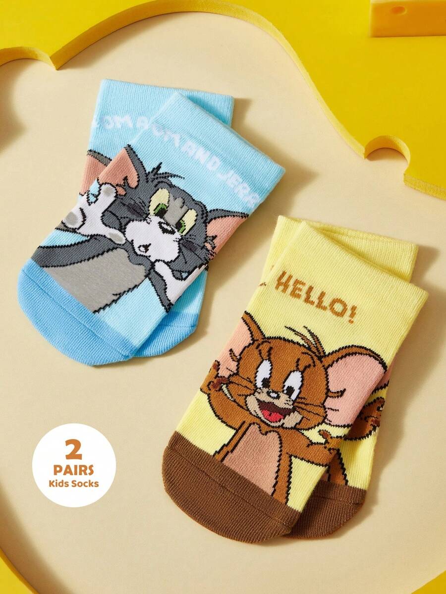 TOM & JERRY X SHEIN 2雙純棉可愛卡通兒童與幼兒襪,男孩女孩通用,襪身與腳跟加強耐磨,四季皆可穿著 - 彩色 - 查看 1