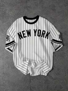 Teen Boy New Casual Simple Y2K Striped, New York English Letter, Sports Style American Retro, Colorblock, Short Sleeve T-Shirt Suitable For Summer - Black and White - View 2