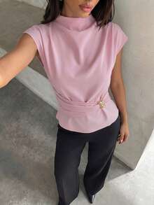 Aloruh 女款休閒優雅襯衫通勤上衣，淺粉色夏季戶外金屬扣腰部上衣，教師節辦公室穿搭 - 藕粉色 - 查看 5