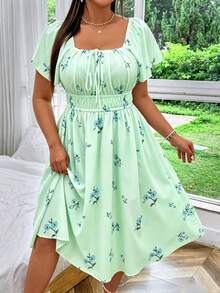 SHEIN MOOSTA Plus Size Women's Floral Digital Print Dress With Drawstring Chest And Elastic Waist - Mint Green - View 5