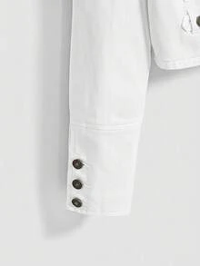 ROMWE Grunge Punk Nautical Punk Vintage Metal Buckle Distressed Washed Denim Thin Jacket Coat - White - View 4