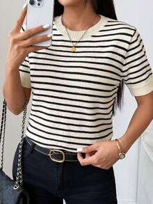SHEIN 新款女款極簡法式圓領拼色條紋短袖針織上衣，夏季上衣 - 彩色 - 查看 5