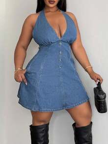 Jeanoix Y2K Plus Size Autumn Multi-Button Row Bow Tie Backless Sexy Navy Blue Denim Dress Vacation Date Night Brunch - Light Wash - View 5