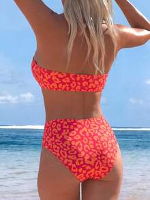 Swim Lushoire 女款夏季度假海灘玫瑰紅豹紋性感可拆卸細肩帶平胸式高腰比基尼套裝 - 彩色 - 查看 2