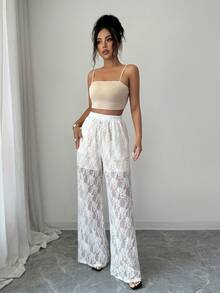 SHEIN Elenzya Women's Elegant Lace Daily Versatile Outfit Set Night Out White Beige Summer - White - View 6