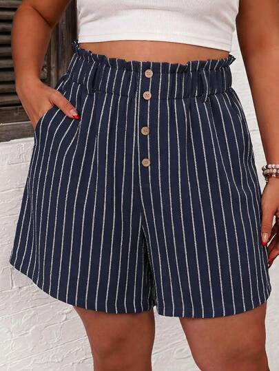 Comfylo Striped Plus Size Women's Colorblock Casual Versatile Daily Shorts