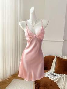Moireta Lace Patchwork Sexy Open Back Faux Silk Camisole Nightgown For Women - Pink - View 3
