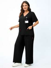 TaskEZ Women's Plus Size Surgical Gown Top And Pants Loose Two Pieces Set - Black - View 6