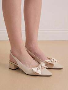 Eladyva Women's Bow Decor Chunky Heel Pointed Toe Slingback Pumps, Elegant Comfortable Daily Wear Versatile Outdoor, Commute, Party, Formal Occasion Shoes - Beige - View 3