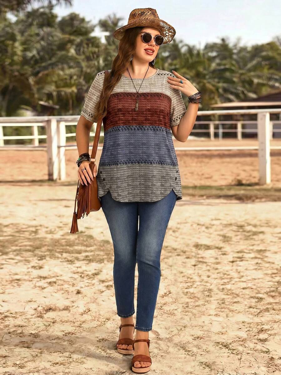 EMERY ROSE Plus Size Women's Round Neck Colorblock Casual Versatile Daily Wear T-Shirt - Multicolor - View 1