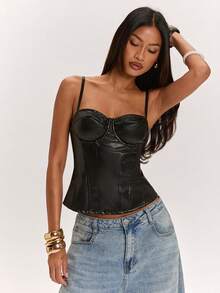 SHEIN BAE 女款 PU 皮革時尚百搭日常穿著細肩帶背心上衣 - 黑色 - 查看 1