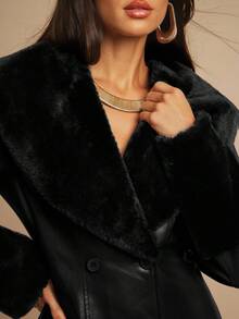 Silquee 女款純色毛領長袖雙排扣PU皮革夾克外套 - 黑色 - 查看 8