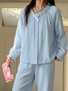 DAZY Ropa de otoño para niñas preadolescentes Conjunto de ropa de estar en casa con estampado de corazones en todo el Body y ribete de contraste - Azul - Ver 1