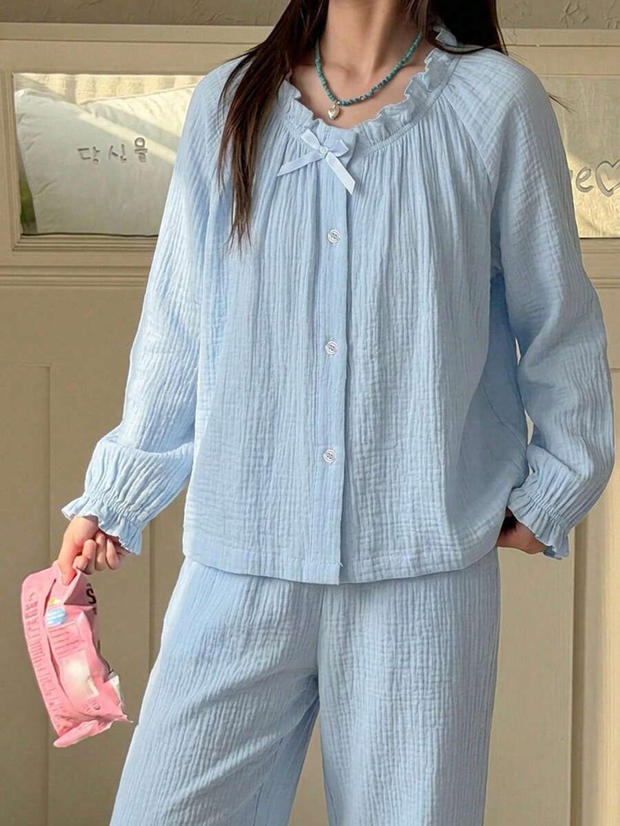 DAZY Ropa de otoño para niñas preadolescentes Conjunto de ropa de estar en casa con estampado de corazones en todo el Body y ribete de contraste - Azul - Ver 1