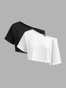 Tseoso 女款 95% 棉單肩寬領針織 T-shirt 2 件組 - 黑色，寬鬆，夏季職場基本款 - 彩色 - 查看 9