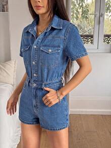 Rivivi Women's Summer Casual Denim Romper - Medium Wash - View 4