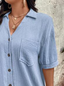 SHEIN CURVE+ Plus Size Women's Elegant Casual Pure Cotton Solid Color Woven Button Dropped Shoulder Puff Sleeve Pocket V-Neck Lapel Summer Mid-Length Shirt Dress - Blue - View 5