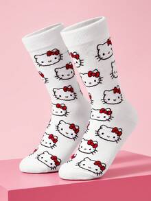 HELLO KITTY AND FRIENDS | SHEIN 透氣吸汗女款中筒襪 1雙 - 紅白色 - 查看 5