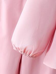 Back To School Young Girl Xiyin 4-7Y 2-Piece Set, 3D Ribbon Bow Detail Puff Long Sleeve Blouse Top With Pink Wide Leg Pants, Spring/Autumn Cute Sweet Fashion Princess Style Outfit, Y2K Aesthetic Daily Campus Play Casual Set - Pink - View 8