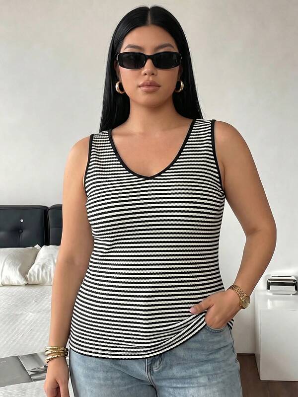 Vionelle Plus Size Women's French Casual Elegant V-Neck Camisole Tank Top