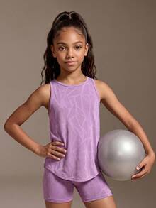 SHEIN Tween Girls Clothing Chiba Knit Jacquard Purple & Pink Top + Shorts Matching Sets, Round Neck Loose Comfortable Sporty Casual Elegant Urban Student College Girls 2-Piece Set, Moisture Wicking Absorbs Sweat - Mauve Purple - View 6