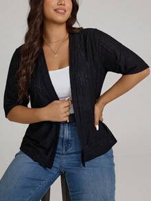 Comfylo Plus Size Women's Solid Color Casual Versatile Daily Wear Short Sleeve Cardigan - Black - View 4
