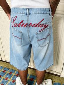 Manfinity EMRG Men's Straight Leg Embroidered Denim Shorts Shorts With Vintage Written On Them For Men - Light Grey - View 6