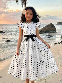 SHEIN Girls' Print Patterned Flutter Sleeve Waist-Defining Dress - White - View 4