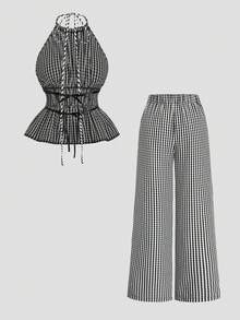 Sweetra Ensemble 2 pièces style Hot Girl, top sans manches minimaliste de couleur unie avec taille cintrée & pantalon coupe slim - Noir et Blanc - Voir 2