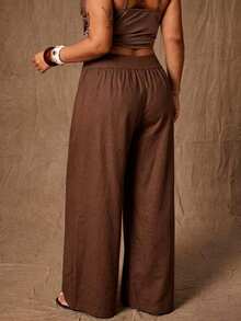 SHEIN CURVE+ Damen Große Größen Lässig Einfarbig Weite Hose - Braun - Übersicht 2
