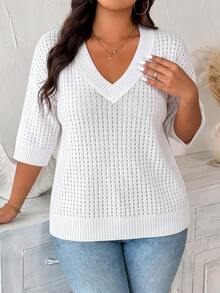 SHEIN CURVE+ Plus Size Casual Hollow V-Neck Mid-Sleeve Pullover Sweater - White - View 8