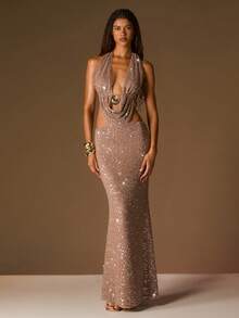 Opulessa Women's Solid Color Sequin Draped Neck Cowl Backless Dress For Vacation - Brown - View 5