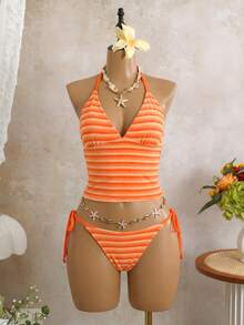 SHEIN Swim 春夏女款兩件式沙灘裝套裝，性感熱帶度假風，紋理布料條紋三角背心上衣搭配側綁帶比基尼泳褲，橘色 - 彩色 - 查看 3