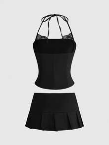 ROMWE Summer Hot Girl Lace Patchwork Big Button Design Halter Top & Ultra Low Waist Skirt Women 2pcs Set - Black - View 2