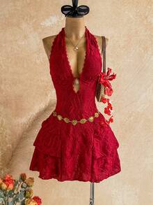 Soleia Women's Vacation Vintage Sexy Energetic Textured Metal Sun Decoration Halter Neck Tie Multi-Layer Ruffle Dress Club Night Red Summer - Burgundy - View 1