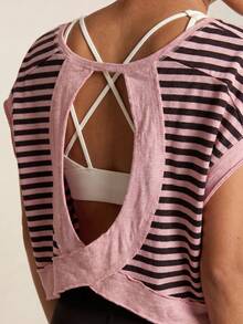 SHEIN BAE Women's Summer Casual Striped Patchwork Backless Batwing Sleeve Sports T-Shirt - Multicolor - View 4