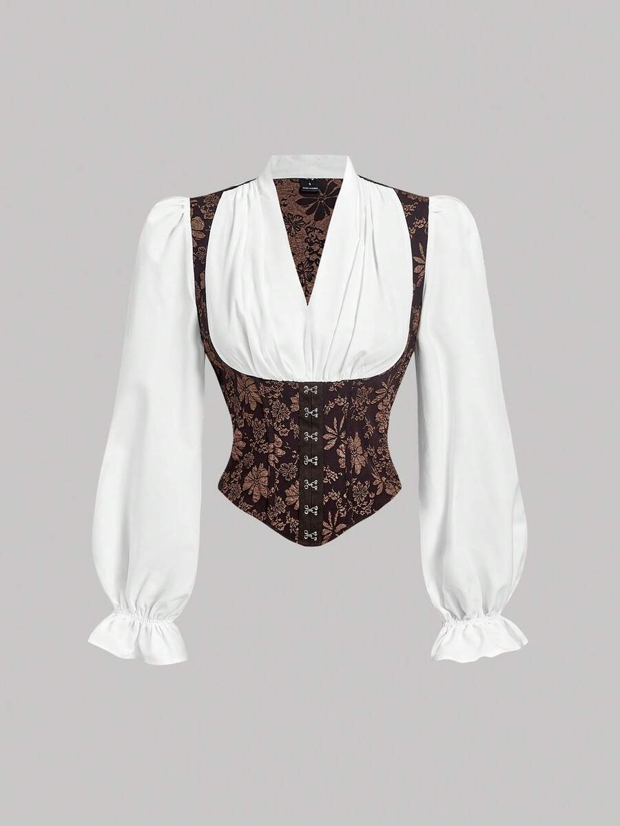 SHEIN MOD 女款法式風情對比色提花拼接燈籠袖上衣 - 彩色 - 查看 1
