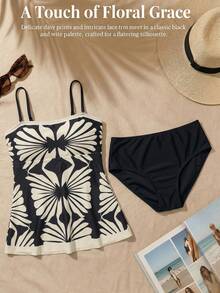 SHEIN Swim 女款高彈力綠色花卉印花比基尼兩件套，清新綠色定位印花抹胸背心上衣，純色三角基本款泳褲下裝，春夏度假海灘派對優雅比基尼套裝 - 黑色 - 查看 5