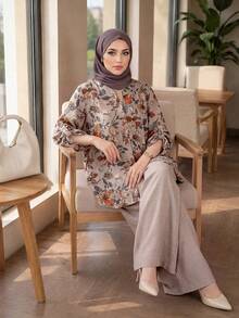 Auveirra 2 Pieces Set Plus Size Women's Floral Print Long Sleeve Shirt & Linen Beige Pants,Boho Casual Country Style For Summer,Vacation,Fall Outfits Elegant - Multicolor - View 1