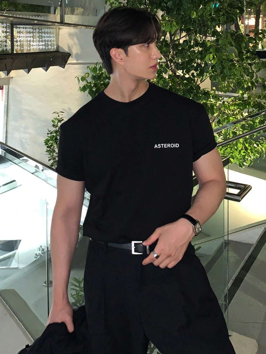 DAZY Black Letter Print Short Sleeve Men's T-Shirt Summer - Black - View 1
