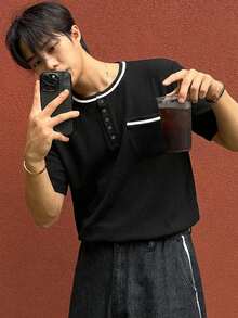 DAZY Men's Textured Fabric Patchwork Contrast Collar Basic Half-Placket T-Shirt - Black - View 5