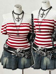 Sunspun Punk Style Off-Shoulder One-Word Collar Striped Lace Trim Patchwork Short Sleeve Plus Size T-Shirt Top – Gothic Y2K Ribbed T-Shirt - Red - View 1