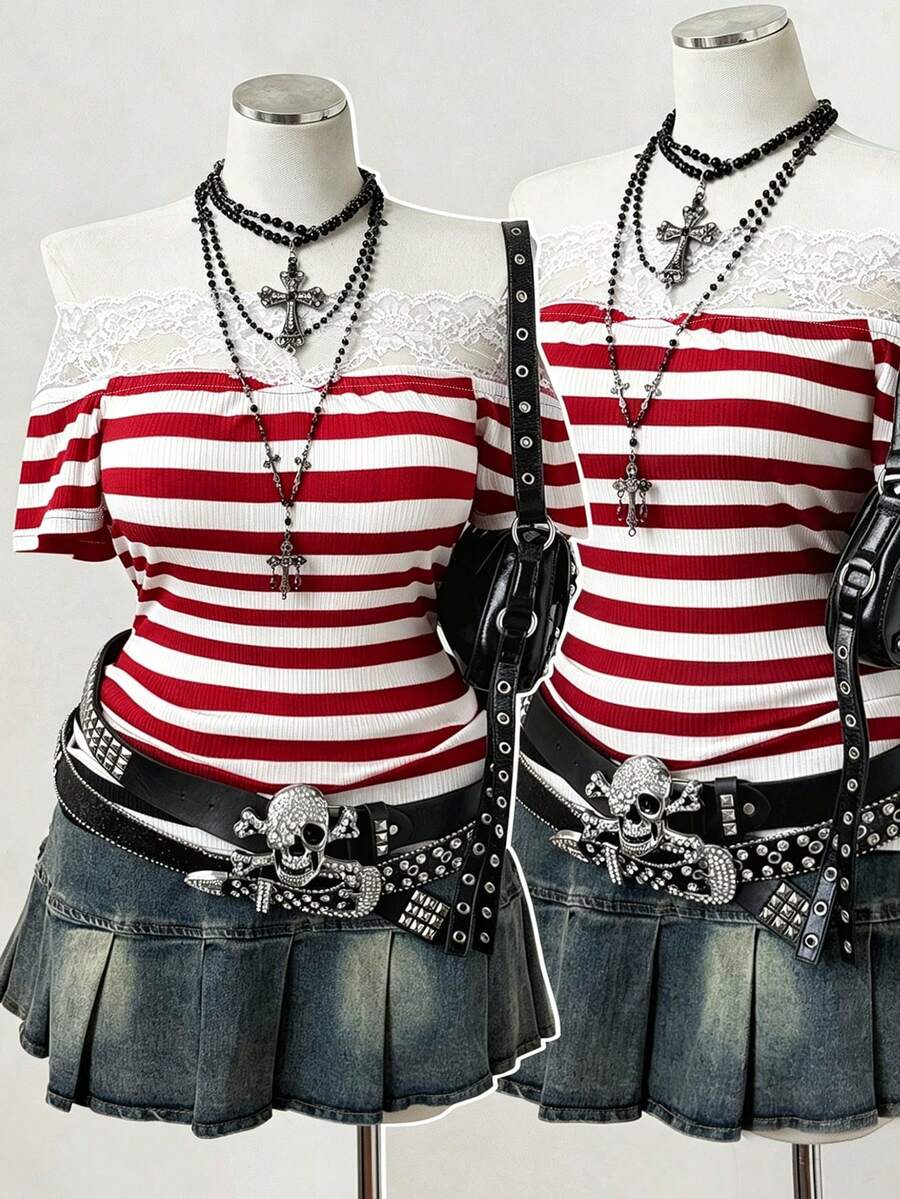Sunspun Punk Style Off-Shoulder One-Word Collar Striped Lace Trim Patchwork Short Sleeve Plus Size T-Shirt Top – Gothic Y2K Ribbed T-Shirt - Red - View 1