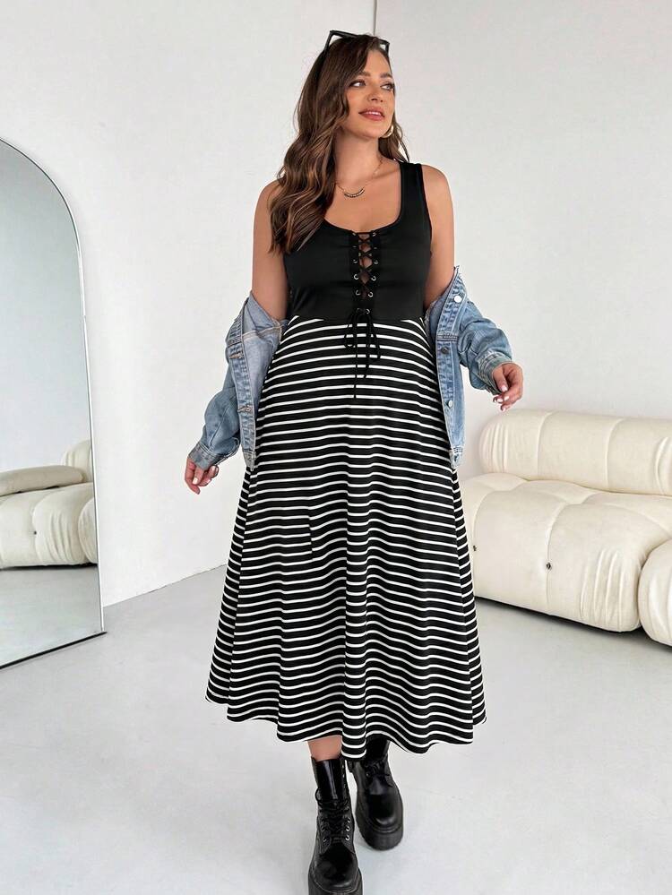 Shapeblank Plus Size Women's Autumn 80s 90s Black And White Striped Patchwork Waist-Cinched Mid-Length Dress, Outdoor Outfit Wedding Guest Vacation - Black and White - View 4