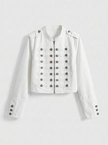 ROMWE Grunge Punk Nautical Punk Vintage Metal Buckle Distressed Washed Denim Thin Jacket Coat - White - View 5