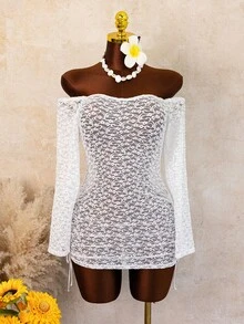 Swim Vcay Women's Lace Cover-Up Moonlight White Heart Lace Texture Exposed Shoulder Slim Fit Bodycon Side Detail Sexy Y2K Style Summer Vacation Nightclub Pool Niche Eye-Catching Look Crisp Youthful Travel Photography Outfit Personalized Check-In Style Beach Outerwear Sheer Bright - White - View 5